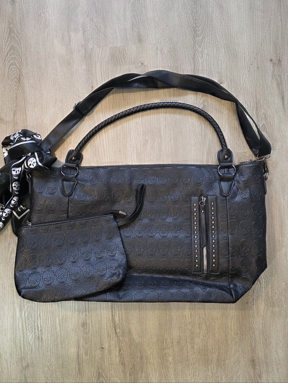 Whimsigoth Black Women's Skull Tote Matching Pouch and Scarf Accent Large